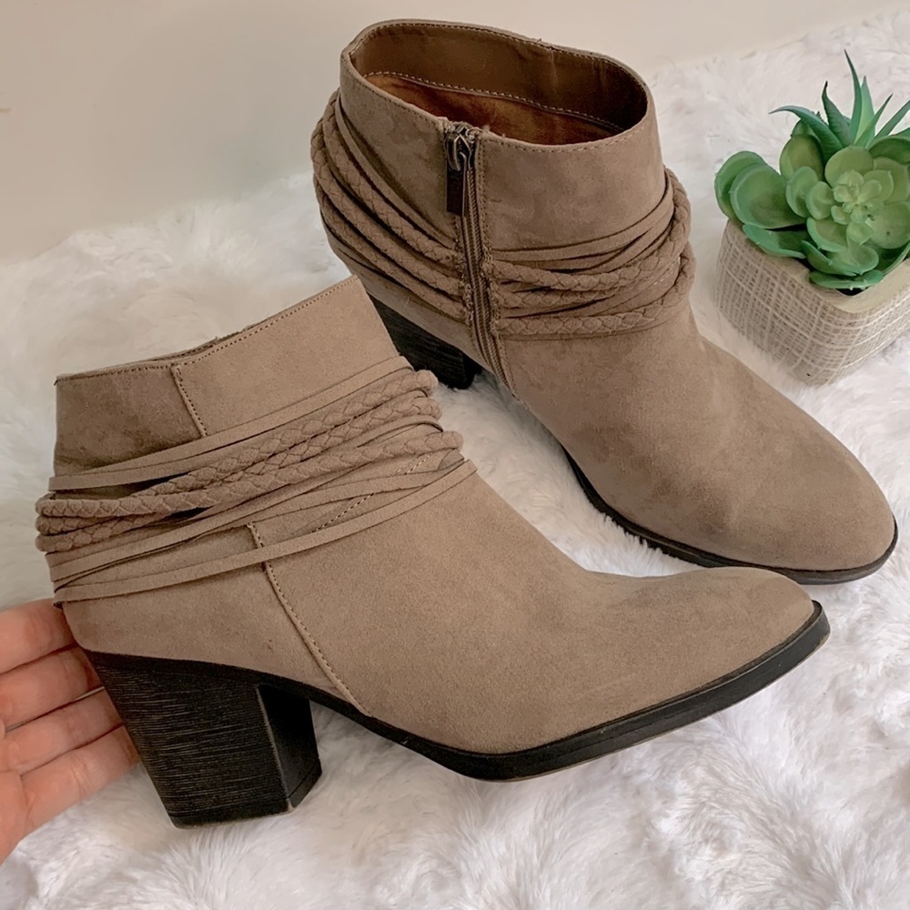 BAMBOO braided accent faux suede western heeled booties ankle boots